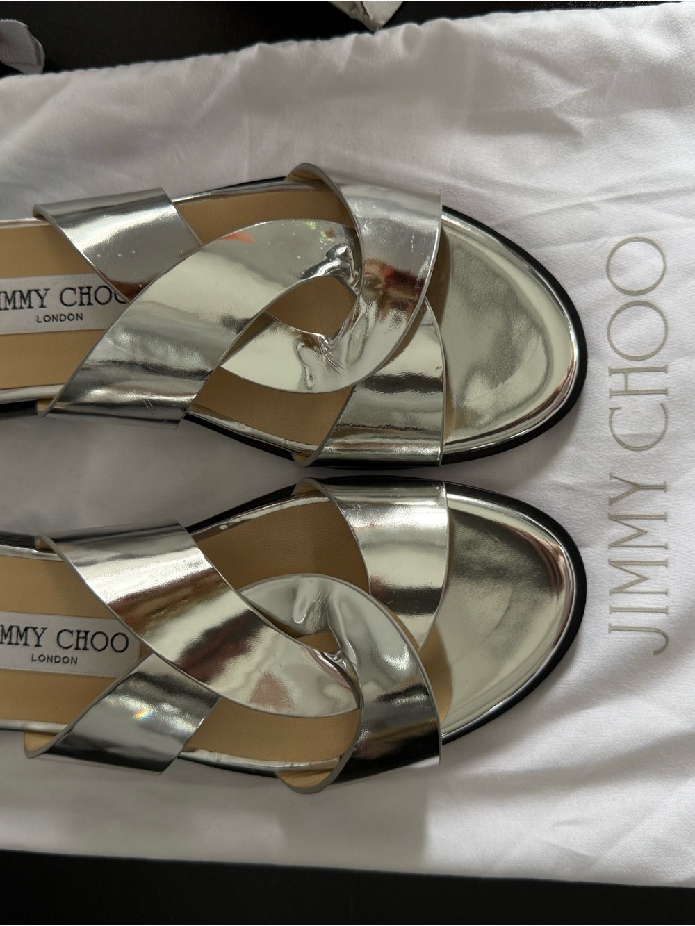 Jimmy Choo Metallic Silver Leather Cross-Strap Slide Sandals